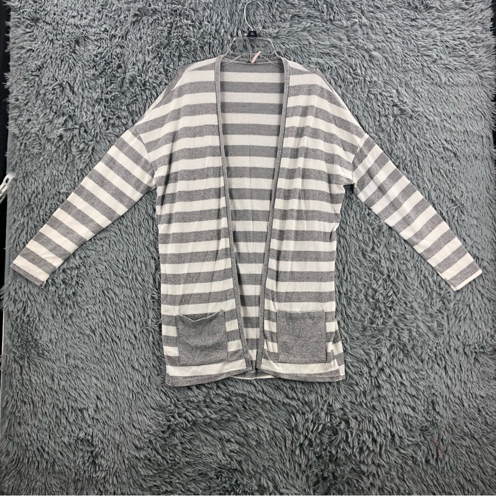 Poof Cardigan Sweater Womens Large Striped Gray White Long Sleeve Pockets